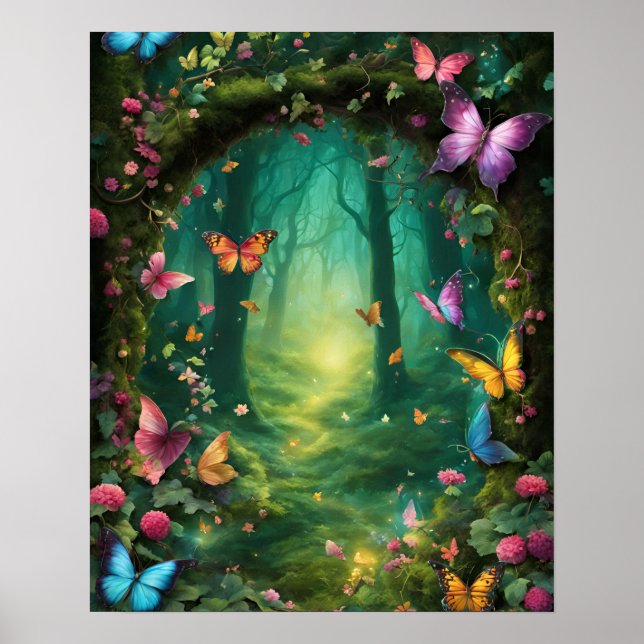 Poster Forêt enchantée Magie des papillons VERTS fleurs (Devant)