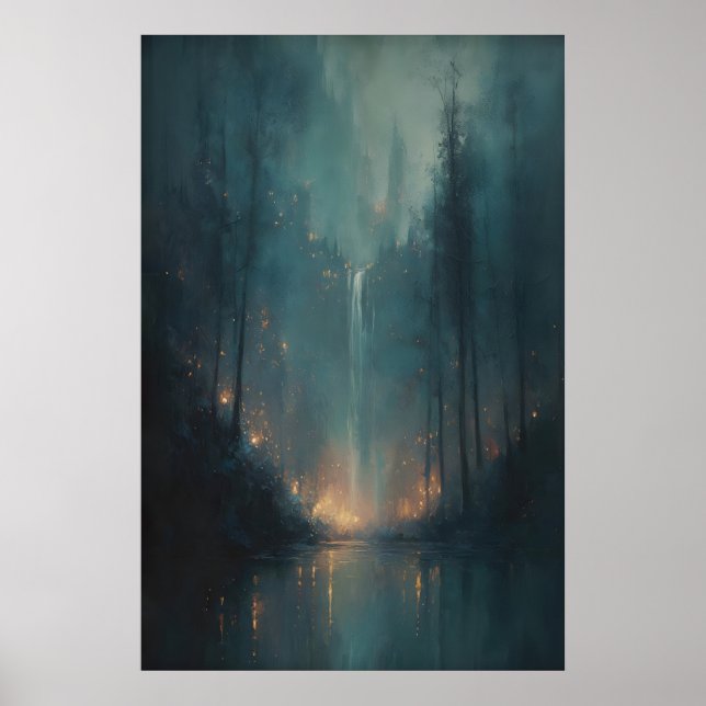 Poster Forêt Enchantée Magique Sombre, Cascade Lunatique (Devant)