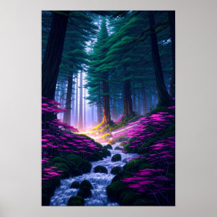 Poster Forêt enchantée, paradis des fleurs roses