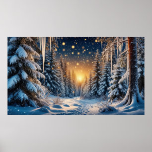 Poster Forêt enneigée d'hiver ❄️ Lumière dorée ✨ Atmosphè