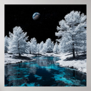 Poster Forêt enneigée et lac tranquille sous le ciel