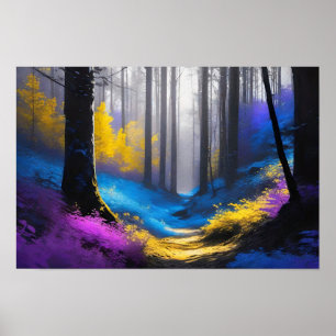Poster Forêt foncée enchantée bleu jaune et violet