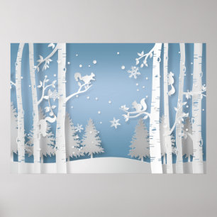 Poster Forêt hivernale et écureuils en découpage de papie