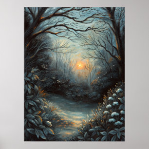 Poster Forêt Nocturne Coucher de Soleil Rivière Art