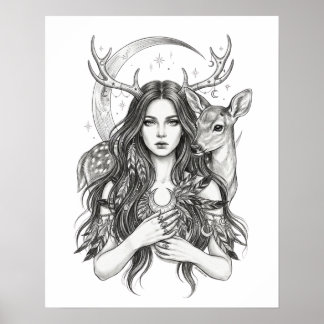 Poster Forêt Slave Mystique Déesse Lune & Cerf Vinyle S