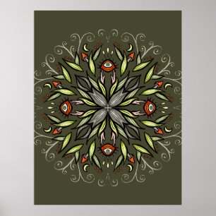 Poster Forêt sombre Verte Goblincore Champignon Yeux Trip