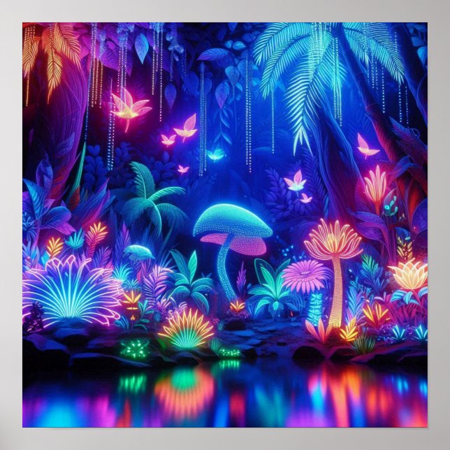 Poster Forêt tropicale néonée enchantée bioluminescente (Devant)