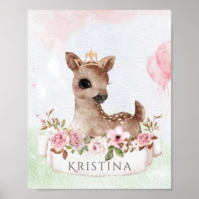 Poster Forêt Woodland Baby Girl Deer Watercolor Nom (Devant)