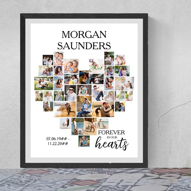 Poster Forme cardiaque 36 Collage photo Funérailles commé (Funeral memorial poster to order professionally printed or as a printable digital download)