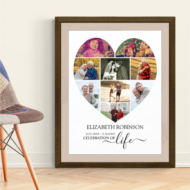 Poster Forme cardiaque 9 Photo Collage Célébration de la  (Funeral memorial poster to order professionally printed or as a printable digital download)