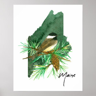 Poster Forme de l'État du Maine avec une mésange à tête n