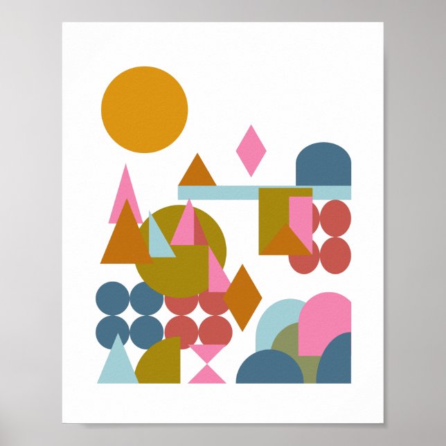 Poster Formes Abstraites Paysage bleu rose géométrique (Devant)
