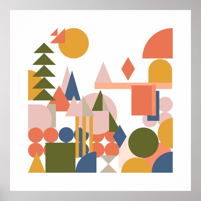 Poster Formes Abstraites Paysage Couleurs folk géométriqu (Devant)