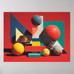 Poster Formes Géométriques Colorées sur Fond Rouge