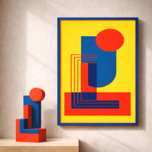 Poster Formes rouges et bleues audacieuses sur fond jaune