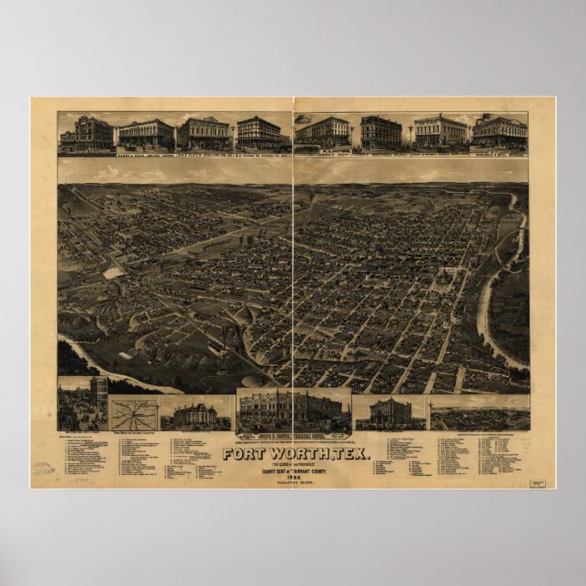 Poster Fort Worth Texas 1886 Carte panoramique antique (Devant)