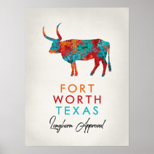 Poster Fort Worth Texas Coloré Longhorn