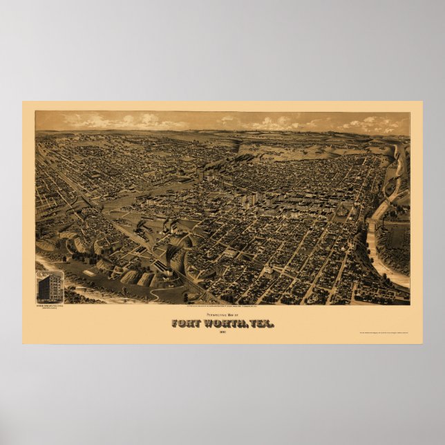 Poster Fort Worth, TX Carte panoramique - 1891 (Devant)