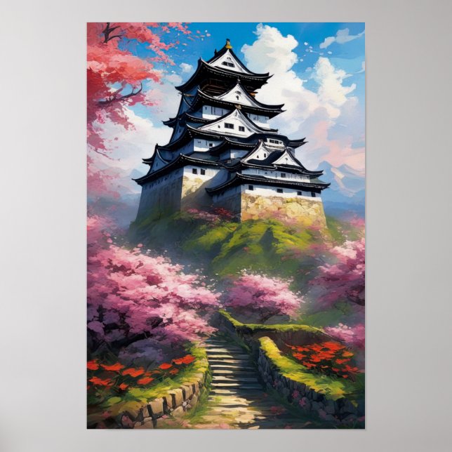 Poster Forteresse au milieu des fleurs de cerisiers (Devant)