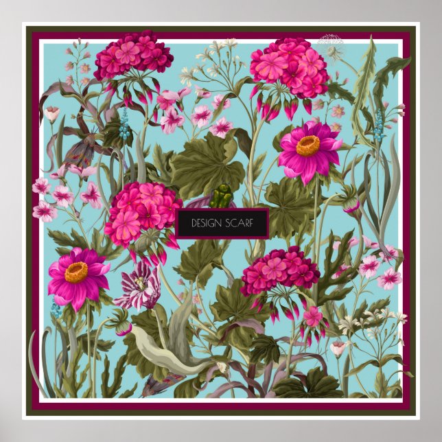 Poster Foulard design avec géraniums et fleurs sauvages.  (Devant)