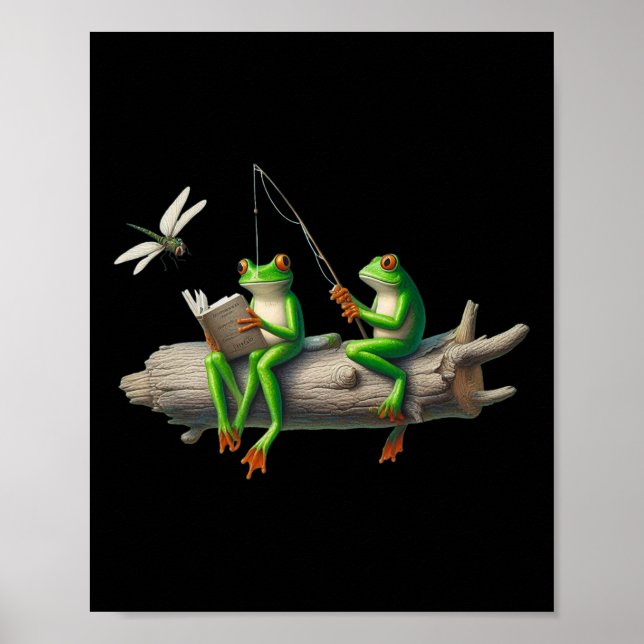 Poster Four Legs Frog On A Log Frog Fishing Dragonfly Rea (Devant)