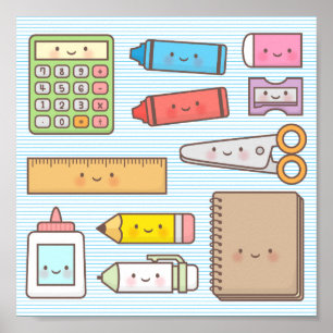 Poster Fournitures de rentrée scolaire pour enfants kawai