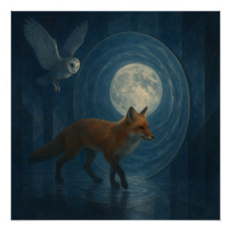Poster Fox and Barn Owl Under the Moonlit Portal – GeoWil