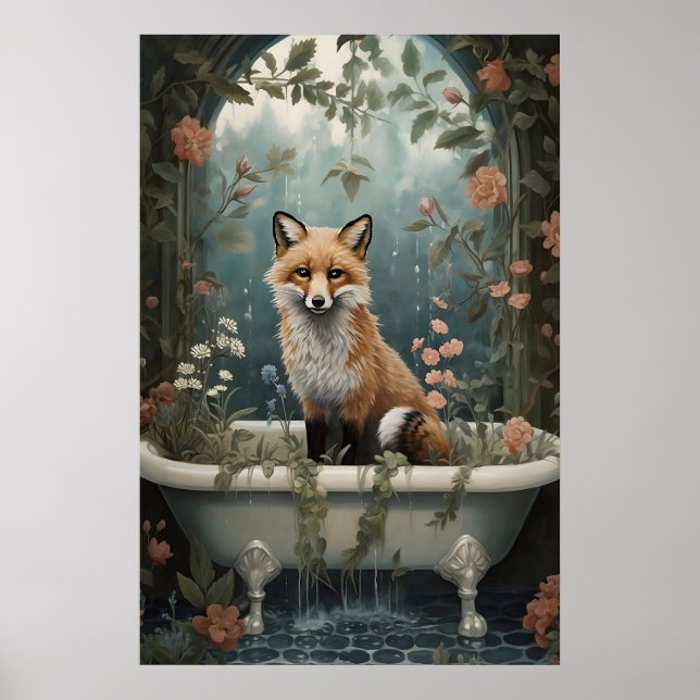 Poster Fox In Bathtub Floral Print, Vintage Bathroom (Devant)