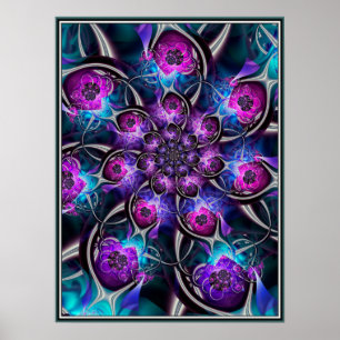 Poster Fractage à fleurs violettes et bleues