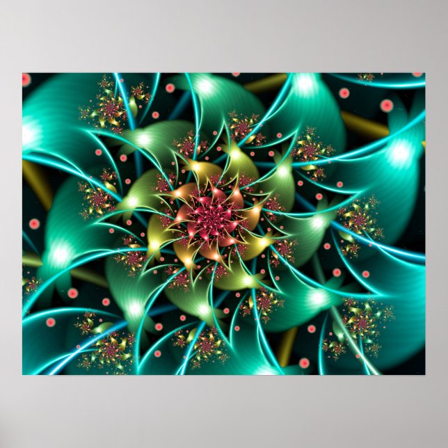 Poster Fractale à fleurs turquoise (Devant)