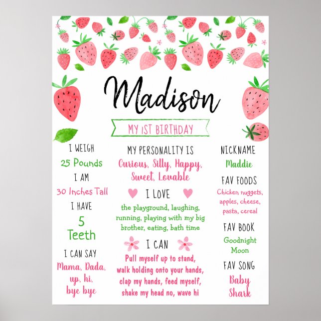Poster Fraise Berry Sweet Premier anniversaire Jalon (Devant)
