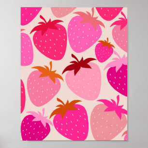 Poster Fraises Rétro Rose Et Crème