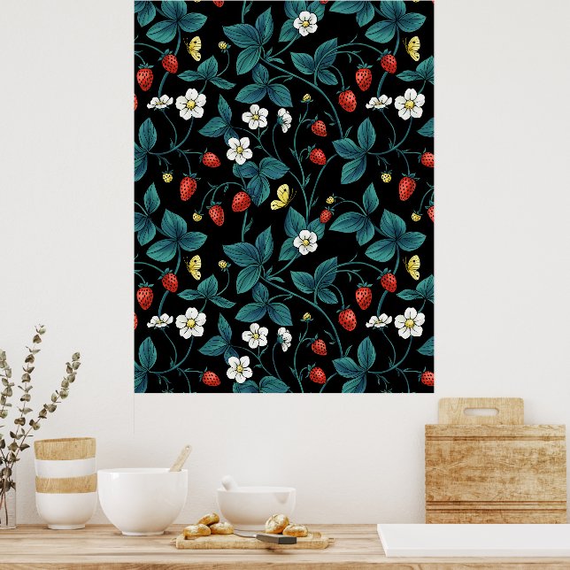 Poster Fraises sauvages rouge/jaune/bleu/noir (Cuisine)