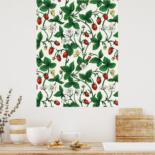 Poster Fraises sauvages rouge/jaune/vert/blanc cassé