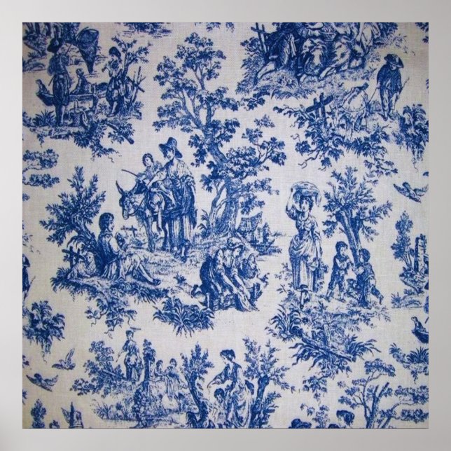 Poster Française toile de jouy bleu et blanc élégant (Devant)