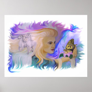 Poster Frau mit Pferd und Schmetterling à la main