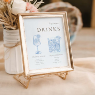 Poster French Blue Floral Line Art Signature Boissons
