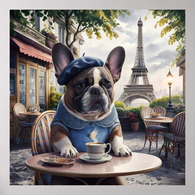 Poster French Bulldog dans un Café à Paris Whimiscal (Devant)