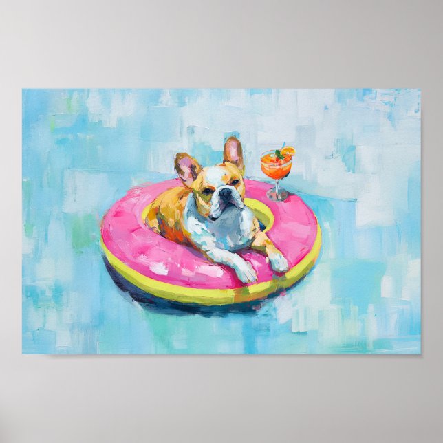 Poster French Bulldog Pool Flotter Art Imprimer : Chien d (Devant)