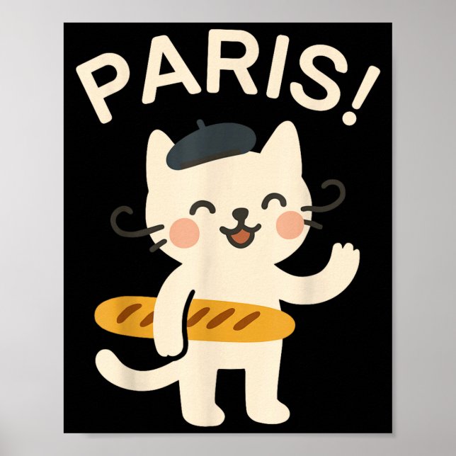 Poster French Cat With Baguette Cute Cat Paris Funny Anim (Devant)