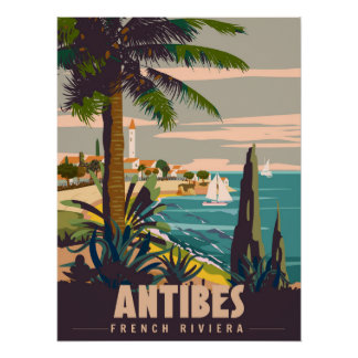 Poster French Riviera Antibes Retro Poster. Tropical coas