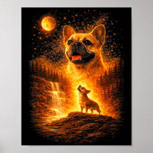 Poster Frenchie hurle à la lune chien mystique vintage