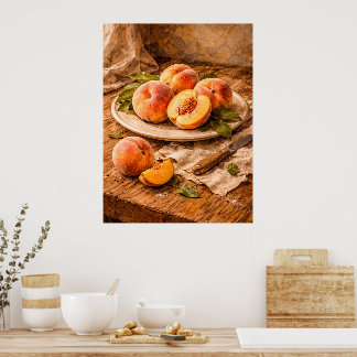 Poster Fresh Peaches on Wood a Rustic Still Life