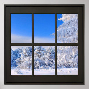 Poster Fresh Snow Scene 24x24 Black Faux Window