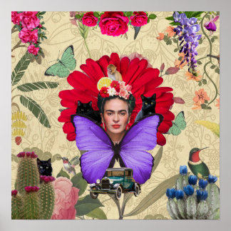 Poster Frida Kahlo Cat Monkey Colorful Floral Collage