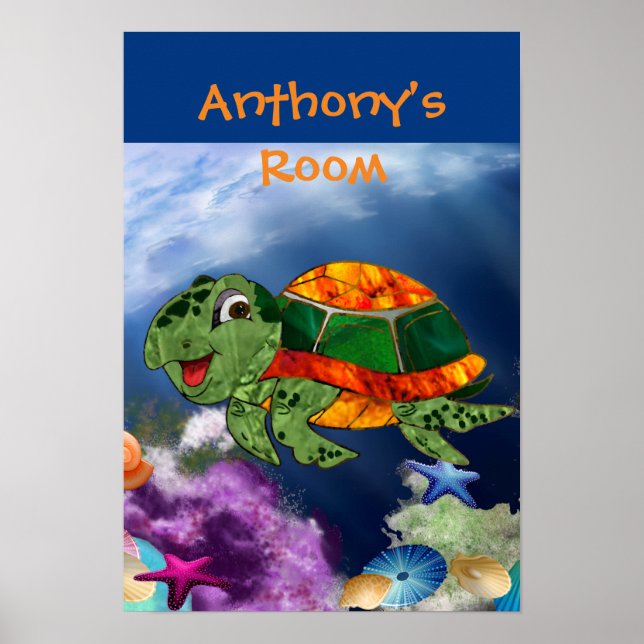 Poster Friendly Sea Turtle in Sea (Devant)