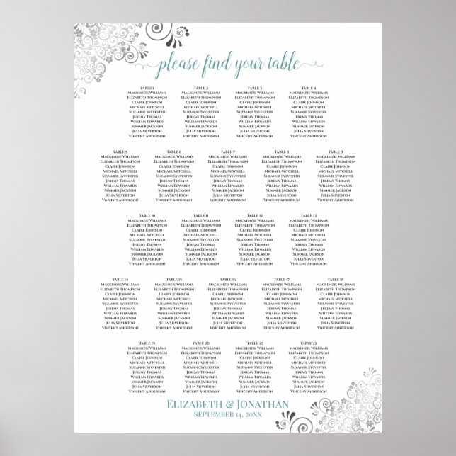 Poster Frilly 22 Table Wedding Seating Chart White & Teal (Devant)