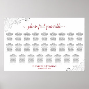 Poster Frilly 26 Table Wedding Seating Chart White & Red
