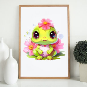 Poster Frog Nursery Décor Cute Froglet avec fleurs roses