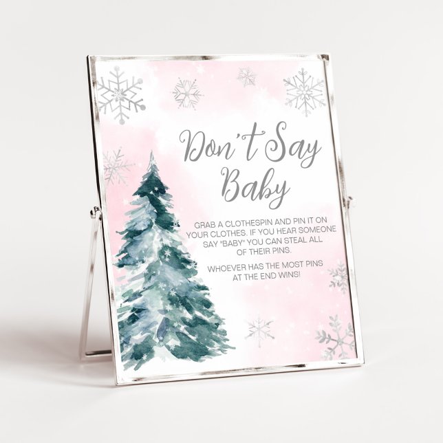 Poster Froid hors Pink Winter Ne pas dire bébé (Pink Silver Pine Tree Baby Shower Don't Say Baby Sign)